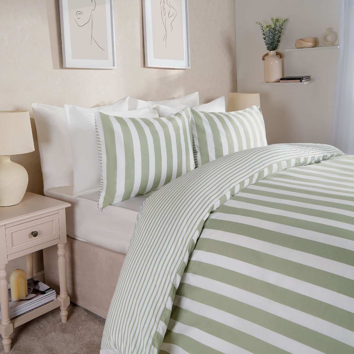 Dreamscene Striped Duvet Cover Set, Sage - Double>