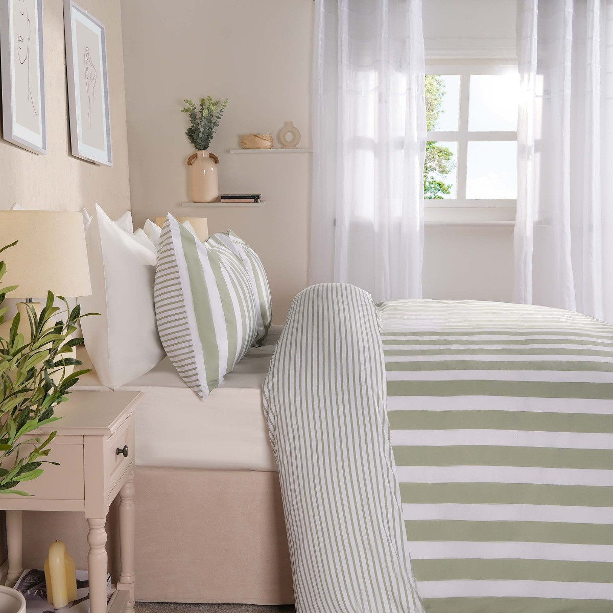 Dreamscene Striped Duvet Cover Set, Sage - Super King>