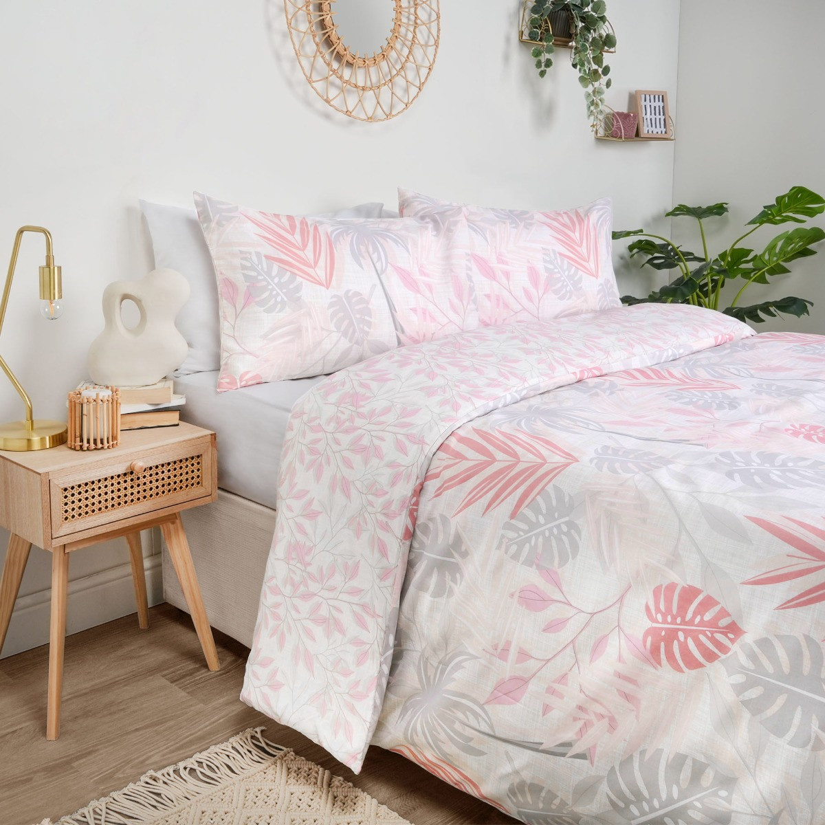 Dreamscene Tropical Print Duvet Set, Grey/Blush - Single>