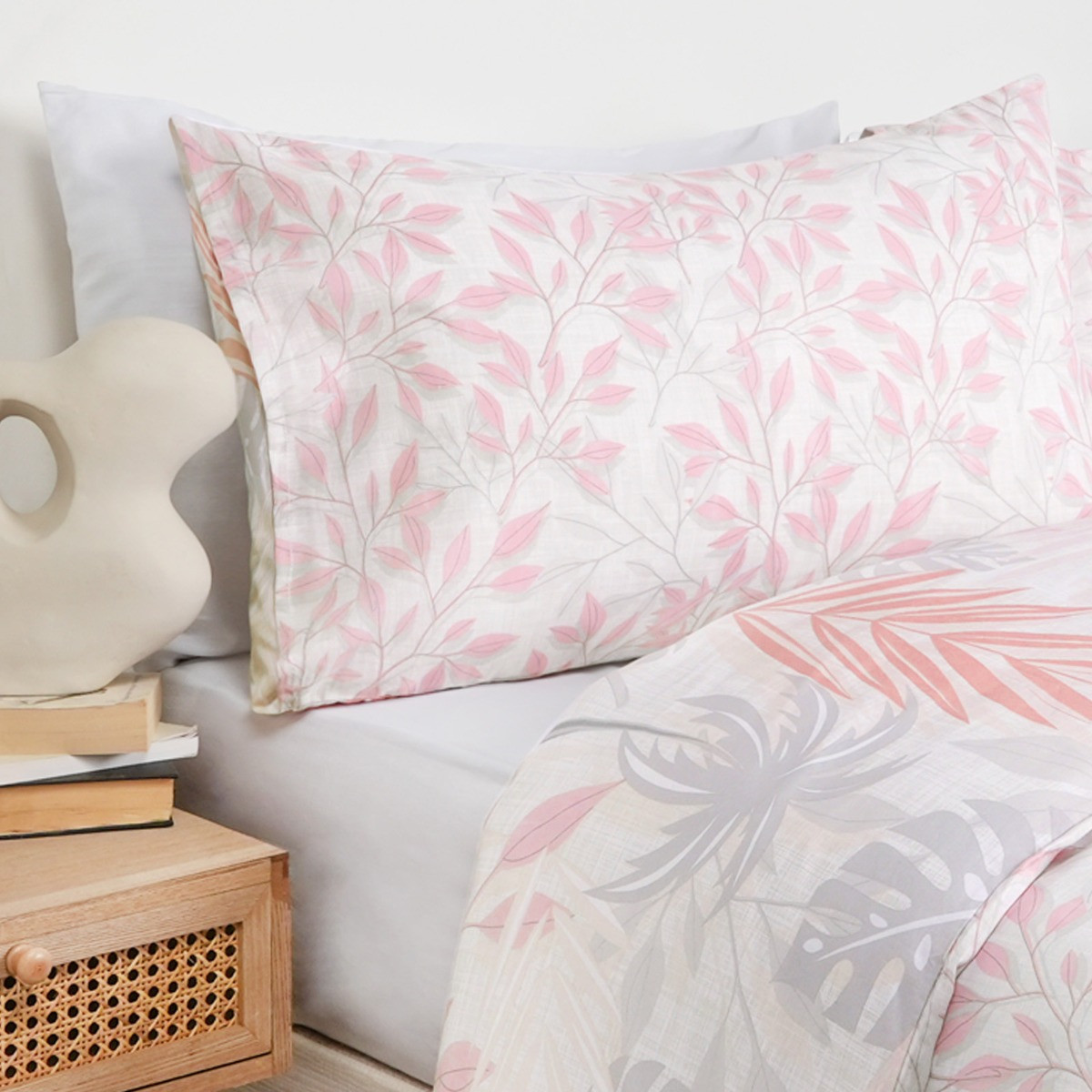 Dreamscene Tropical Print Duvet Set, Grey/Blush - Double>