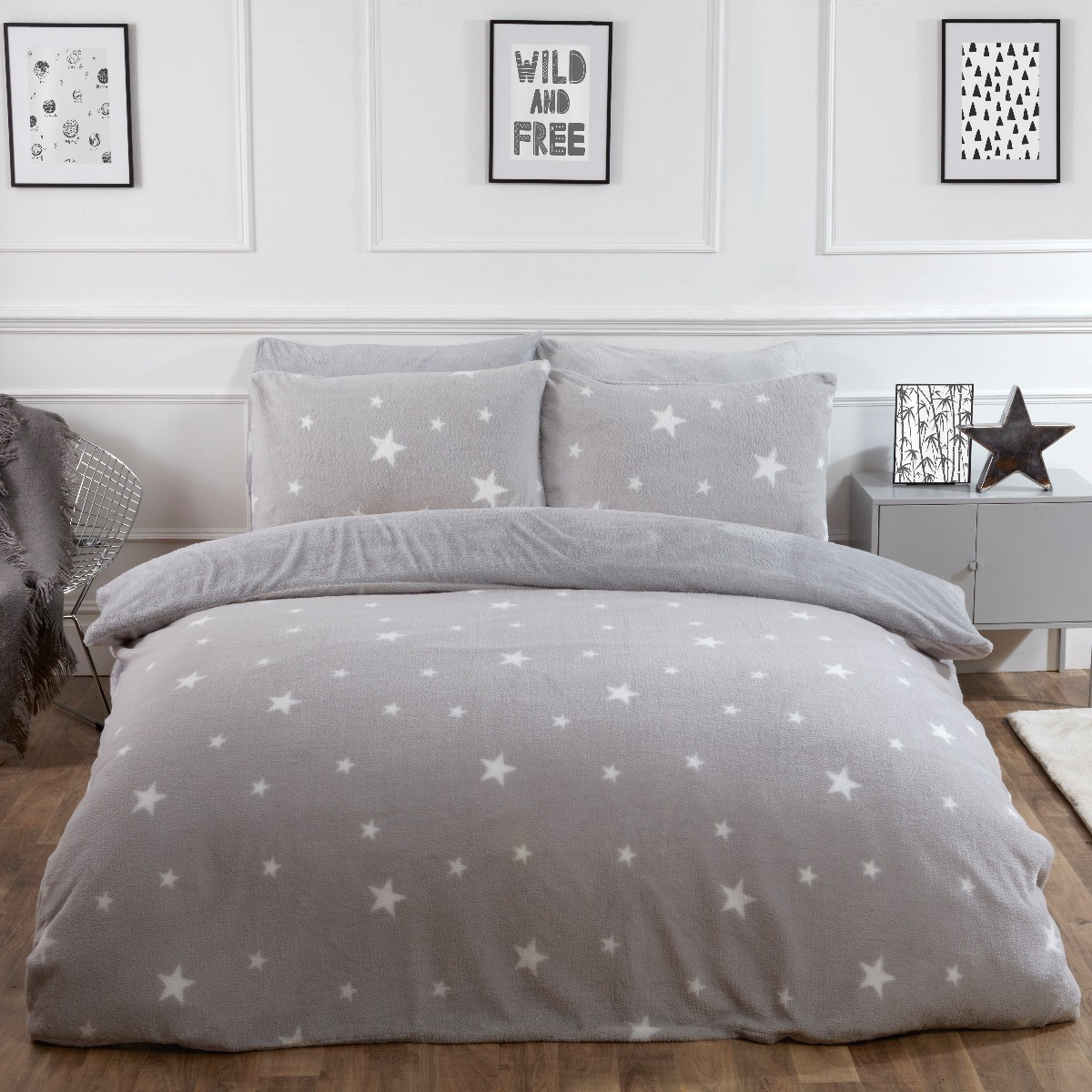 Dreamscene Star Teddy Fleece Duvet Cover Set, Grey - Single>