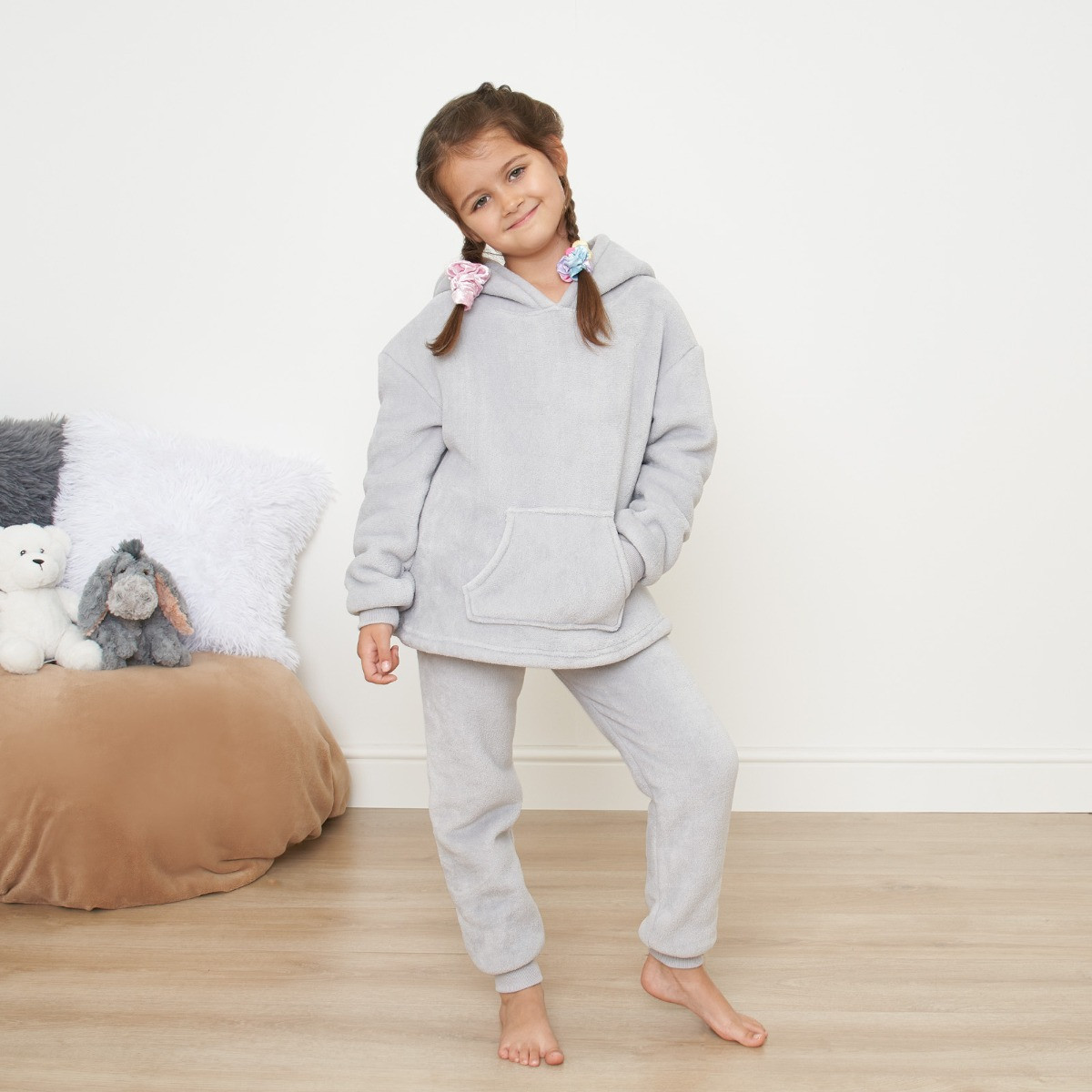 Dreamscene Kids Sherpa Fleece Hoodie Pyjama Set - Grey