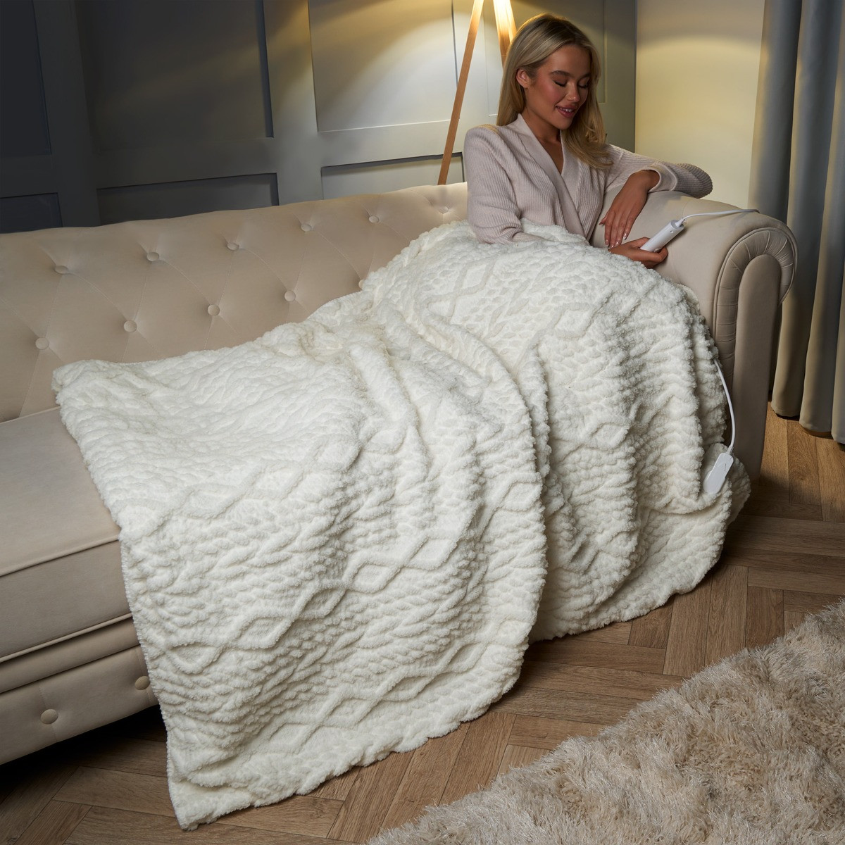 OHS Heated Cable Knit Electric Blanket - Cream>