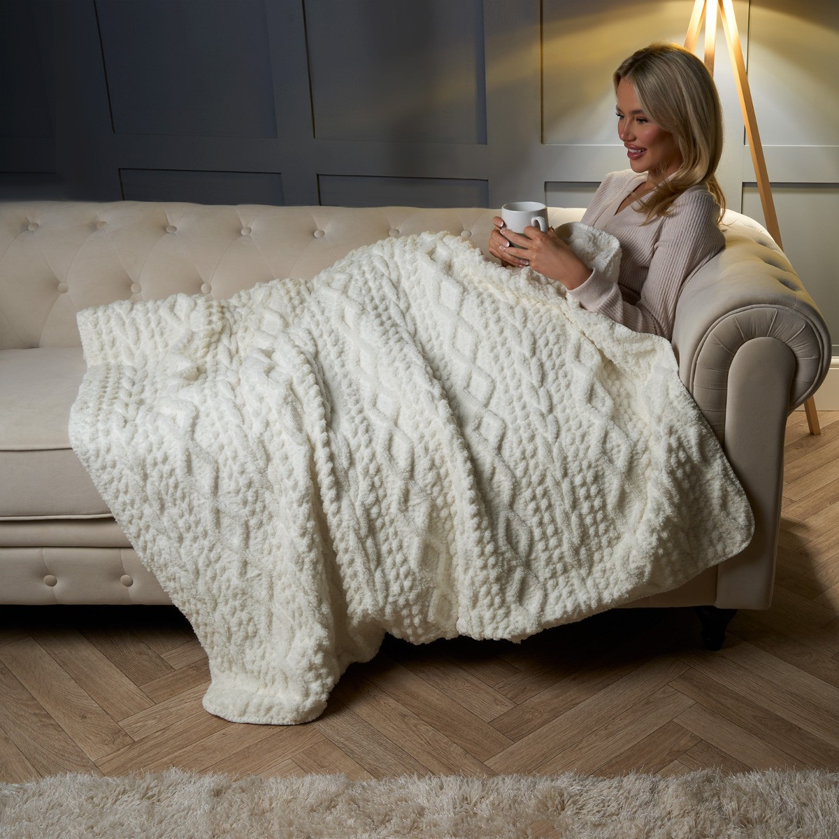 OHS Heated Cable Knit Electric Blanket - Cream>