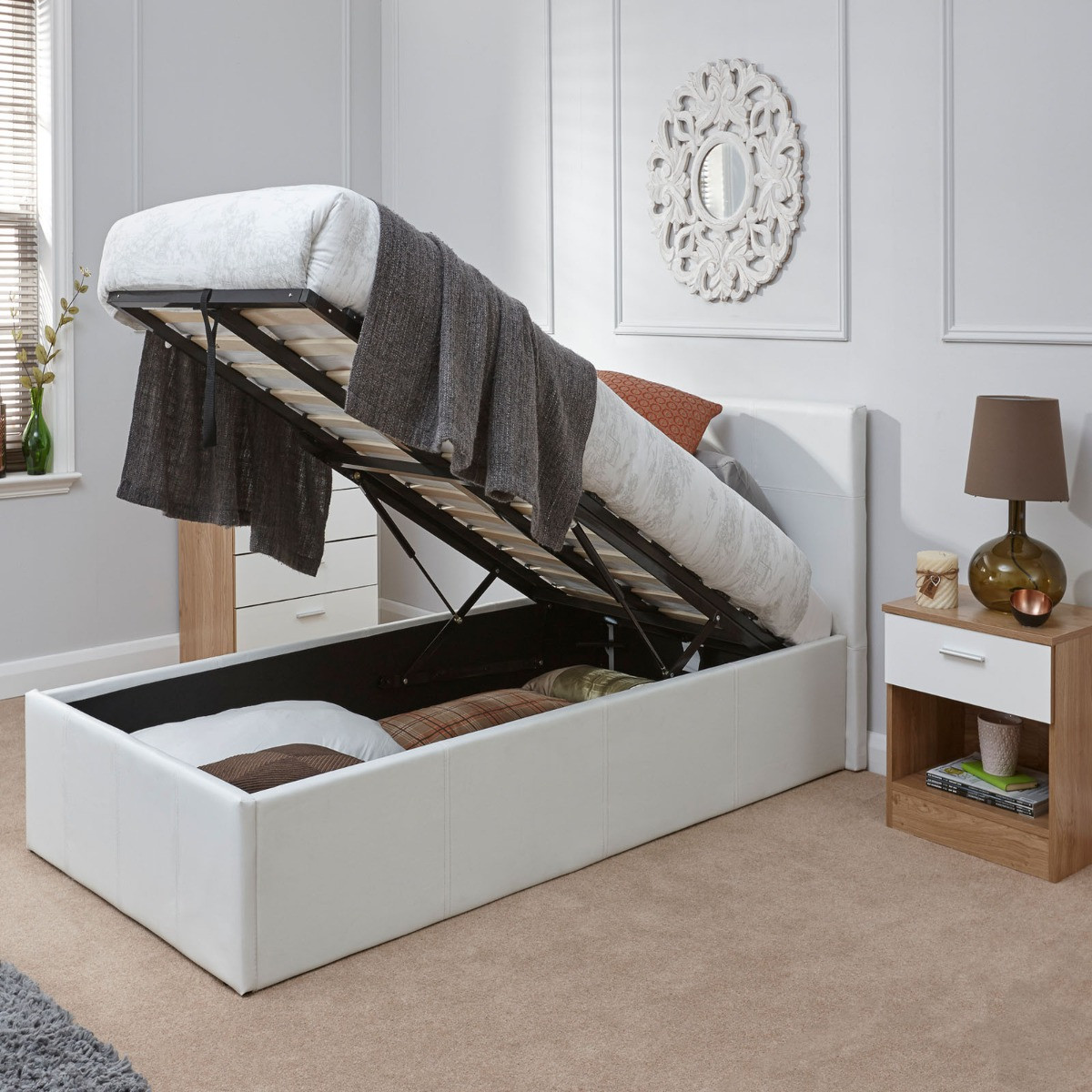 Faux Leather End Lift Ottoman Storage Bed, 3ft Single - White>