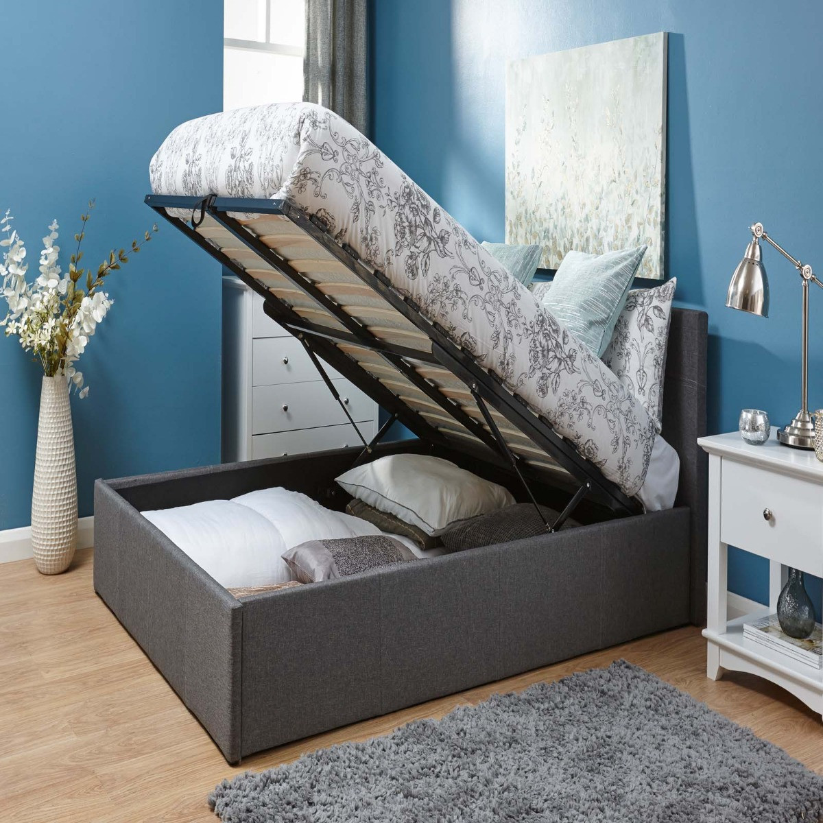 Fabric End Lift Ottoman Storage Bed, 4ft 6 Double - Grey>