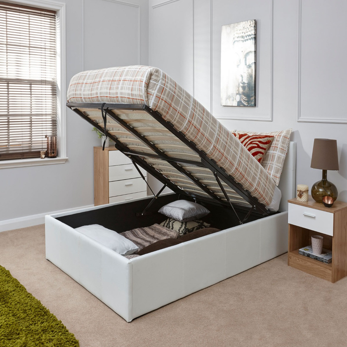 Faux Leather End Lift Ottoman Storage Bed, 5ft King - White>