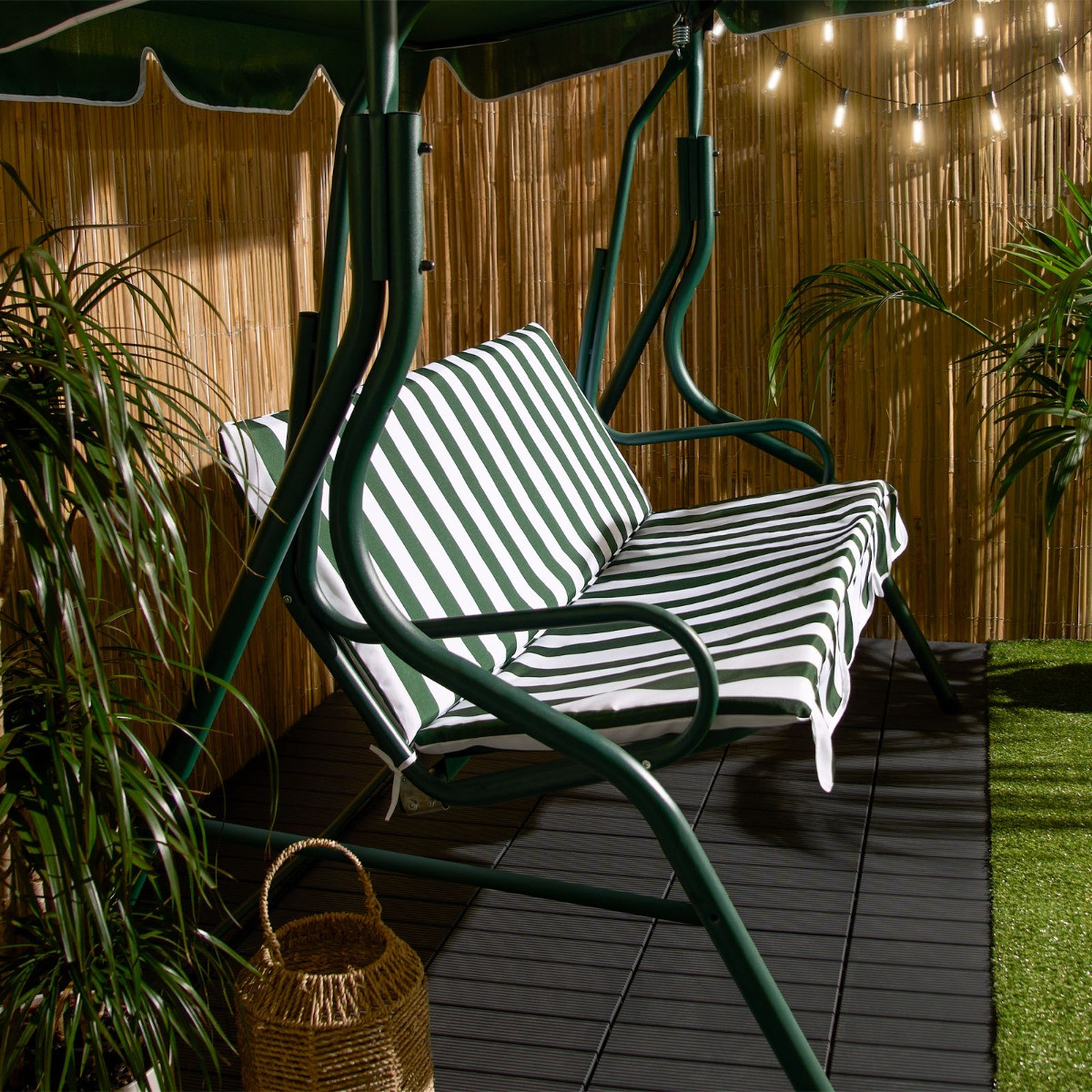 OHS 3 Seater Swing Bench With Canopy - Green/White Stripe>