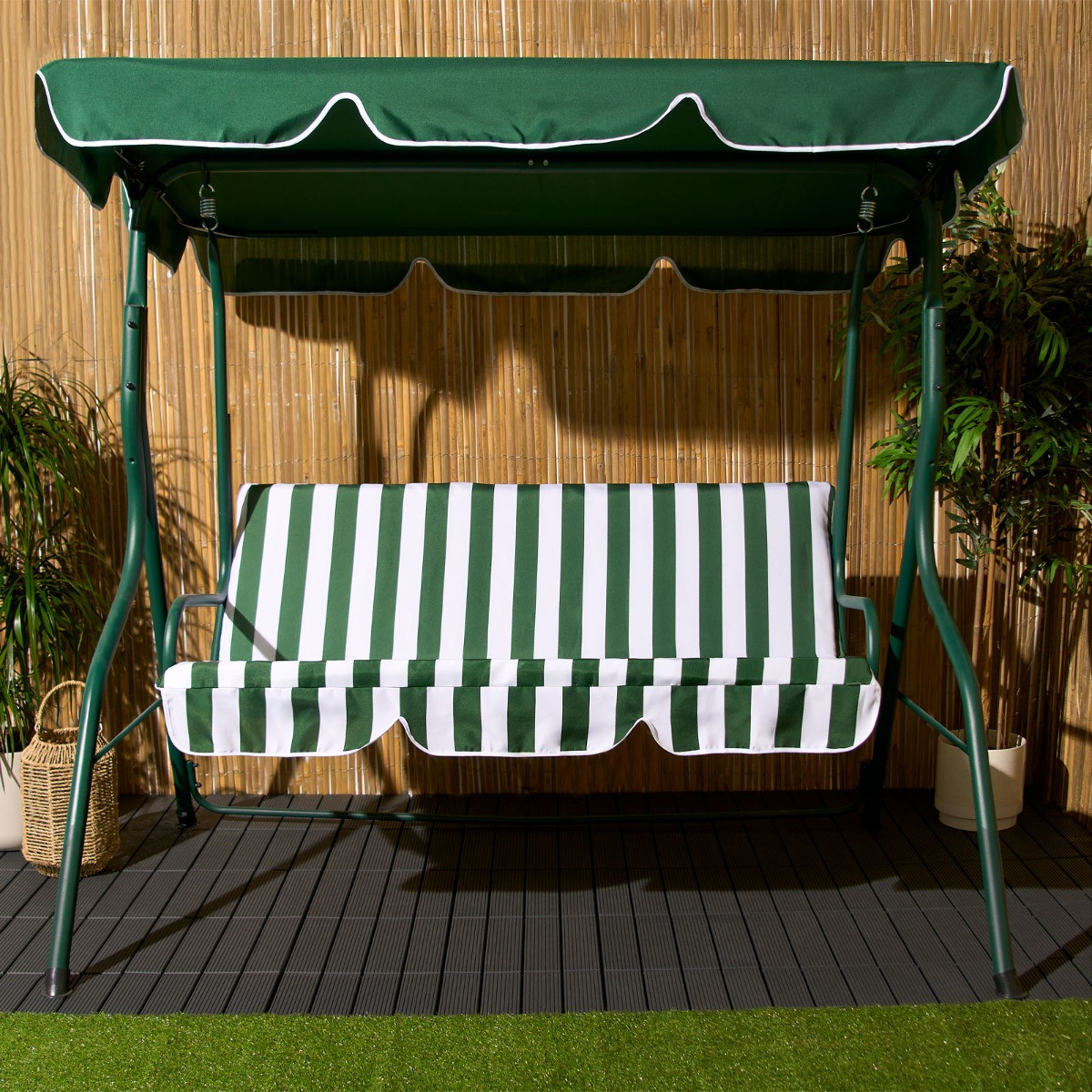 OHS 3 Seater Swing Bench With Canopy - Green/White Stripe>