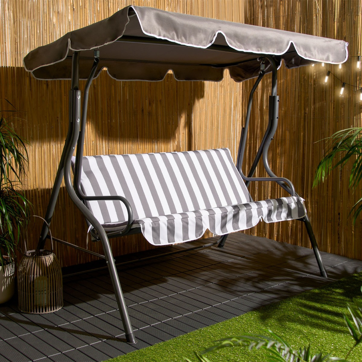 OHS 3 Seater Swing Bench With Canopy Grey White Stripe