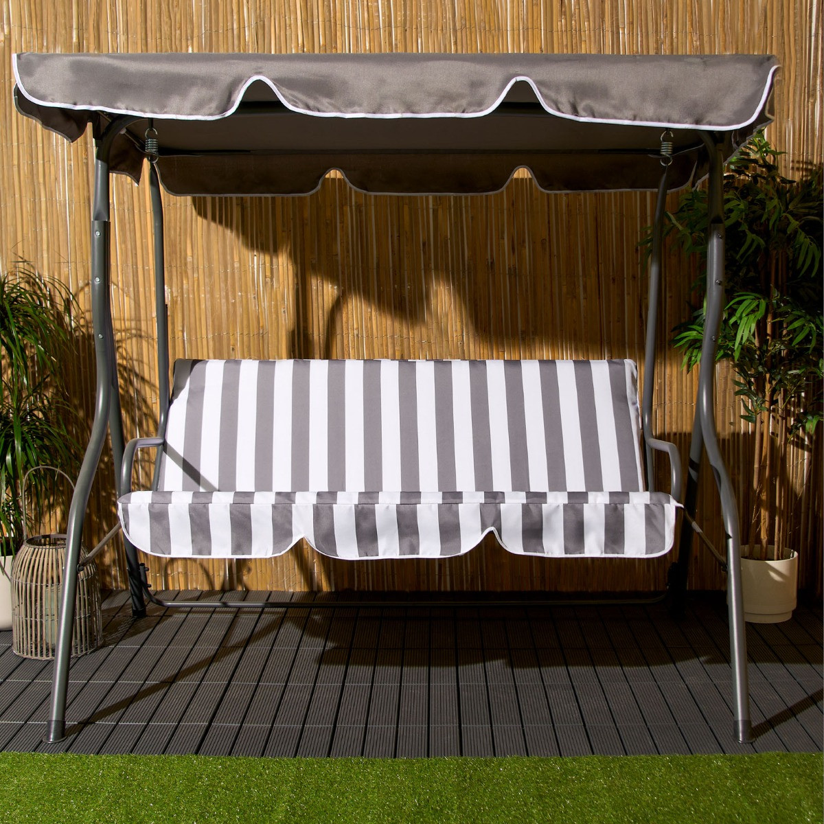 OHS 3 Seater Swing Bench With Canopy - Grey/White Stripe>