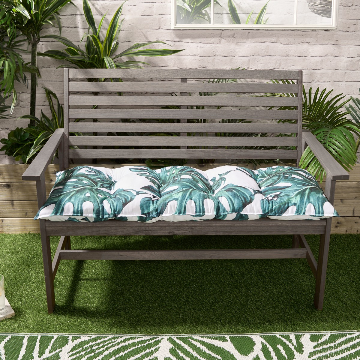 OHS 2-Seater Indoor/Outdoor Tropical Leaf Print Foam Bench Pad - Green/White>