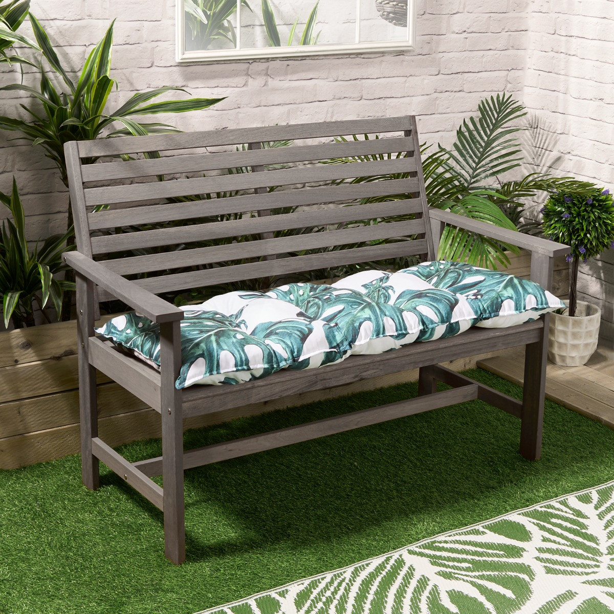 OHS 2-Seater Indoor/Outdoor Tropical Leaf Print Foam Bench Pad - Green/White>