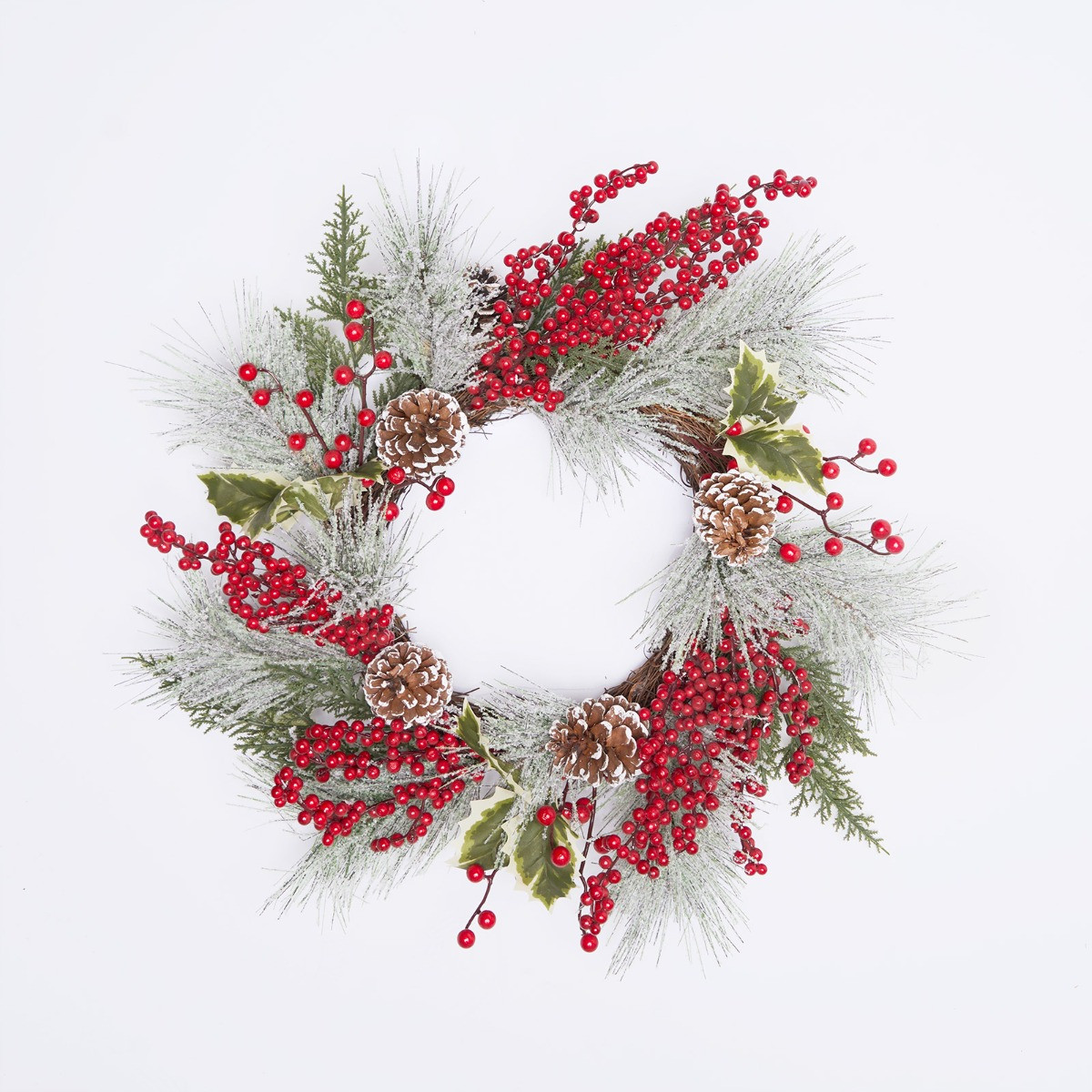 OHS Christmas Festive Frosted Berry Wreath, Red/Green - 50cm>