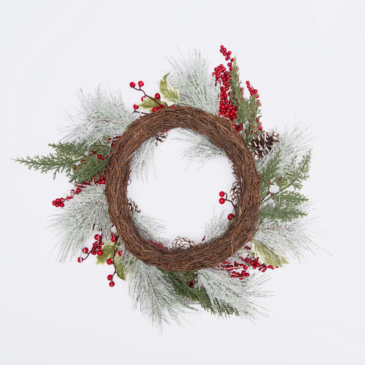 OHS Christmas Festive Frosted Berry Wreath, Red/Green - 50cm>