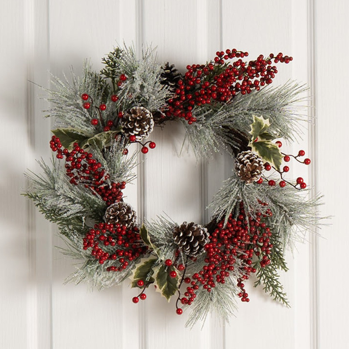 OHS Christmas Festive Frosted Berry Wreath, Red/Green - 50cm>