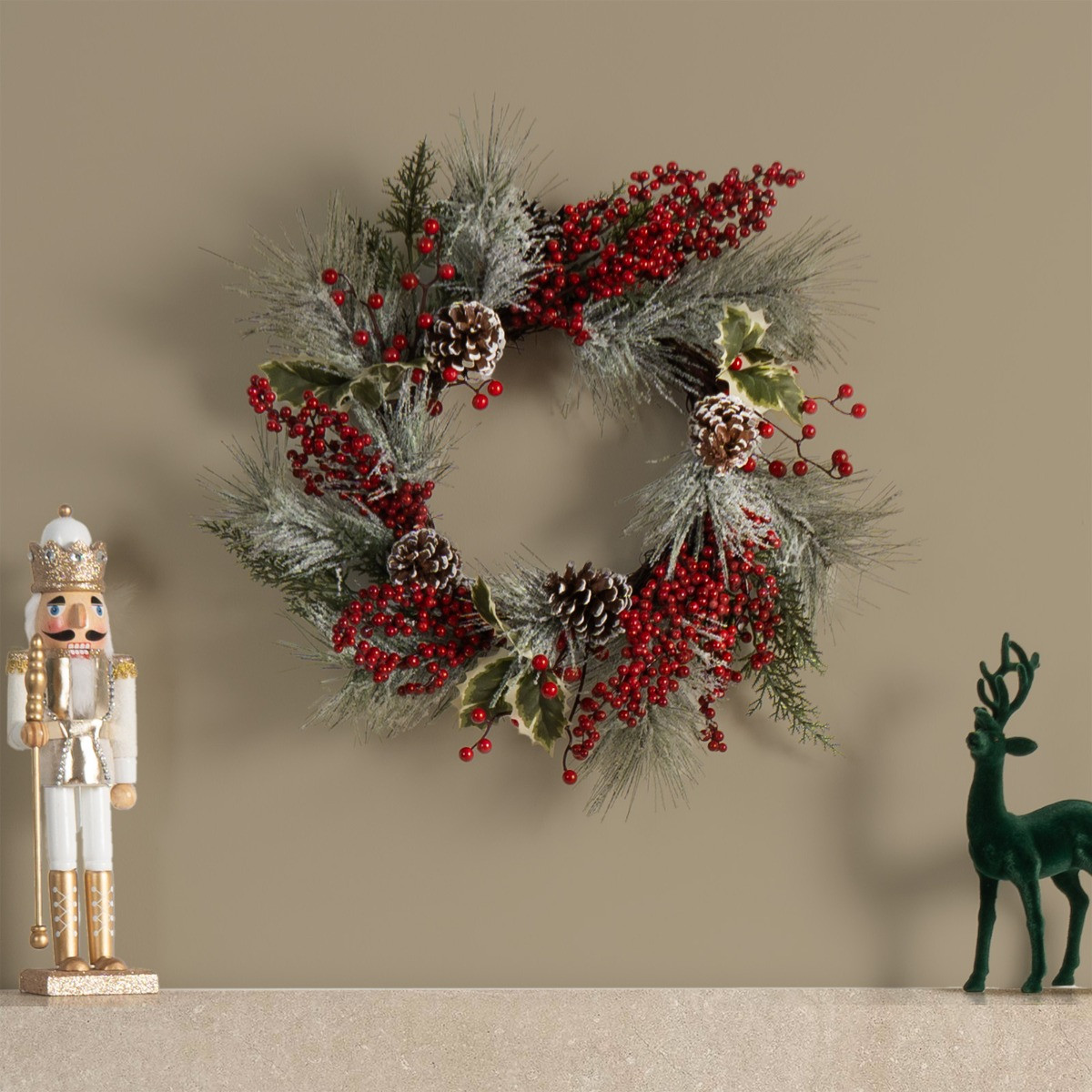 OHS Christmas Festive Frosted Berry Wreath, Red/Green - 50cm>