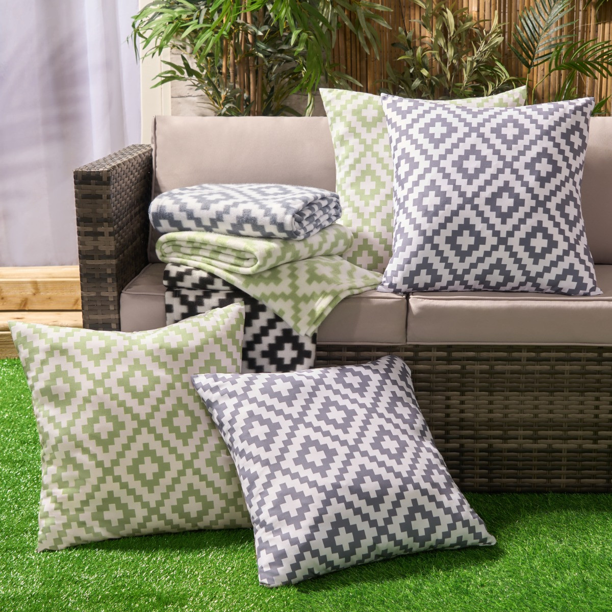 OHS Indoor/Outdoor Geometric Print Cushion Covers - Sage/White>