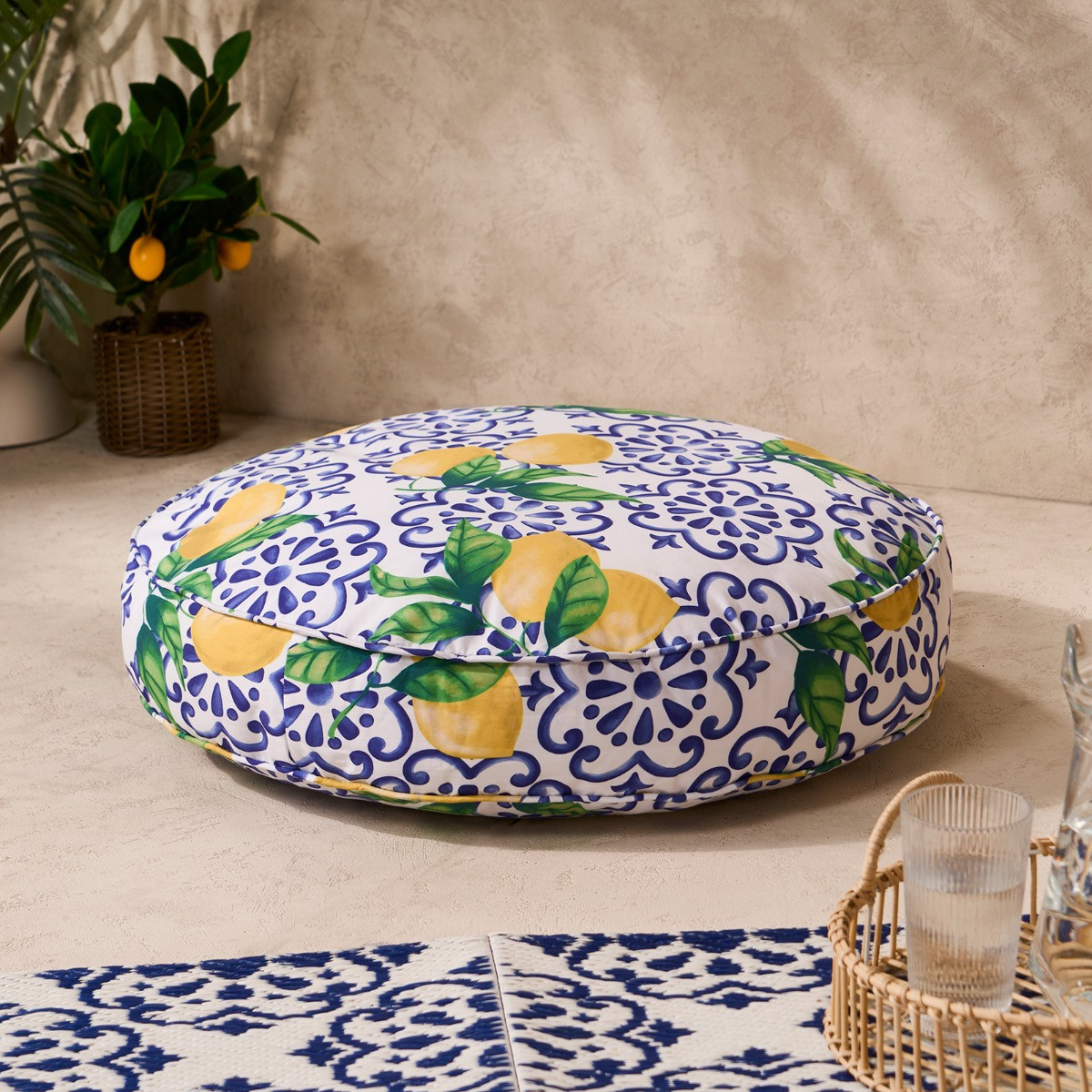 OHS Indoor/Outdoor Round Lemon Print Filled Cushion - Blue/Yellow >