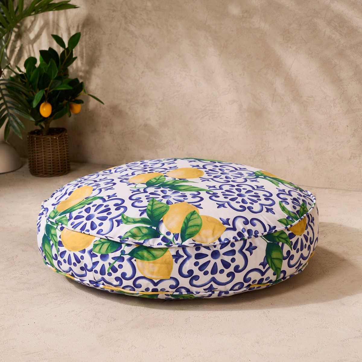 OHS Indoor/Outdoor Round Lemon Print Filled Cushion - Blue/Yellow >