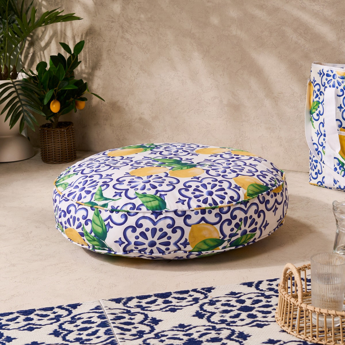 OHS Indoor/Outdoor Round Lemon Print Filled Cushion - Blue/Yellow >