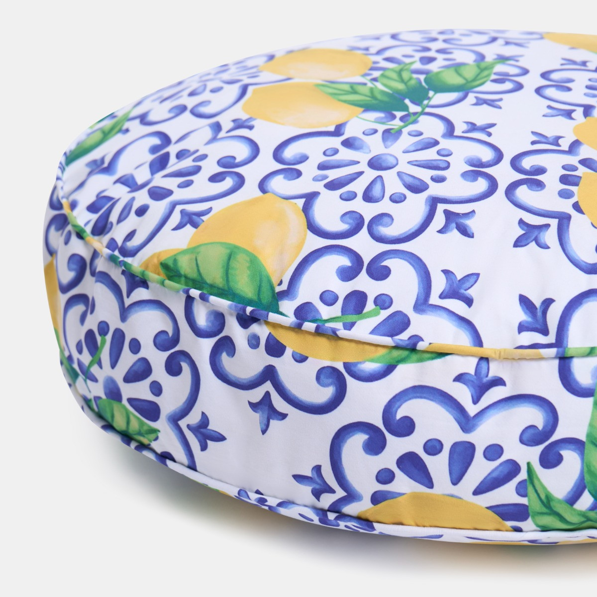 OHS Indoor/Outdoor Round Lemon Print Filled Cushion - Blue/Yellow >