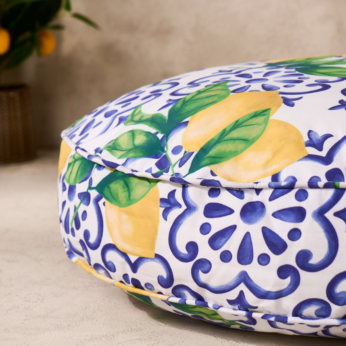 OHS Indoor/Outdoor Round Lemon Print Filled Cushion - Blue/Yellow >