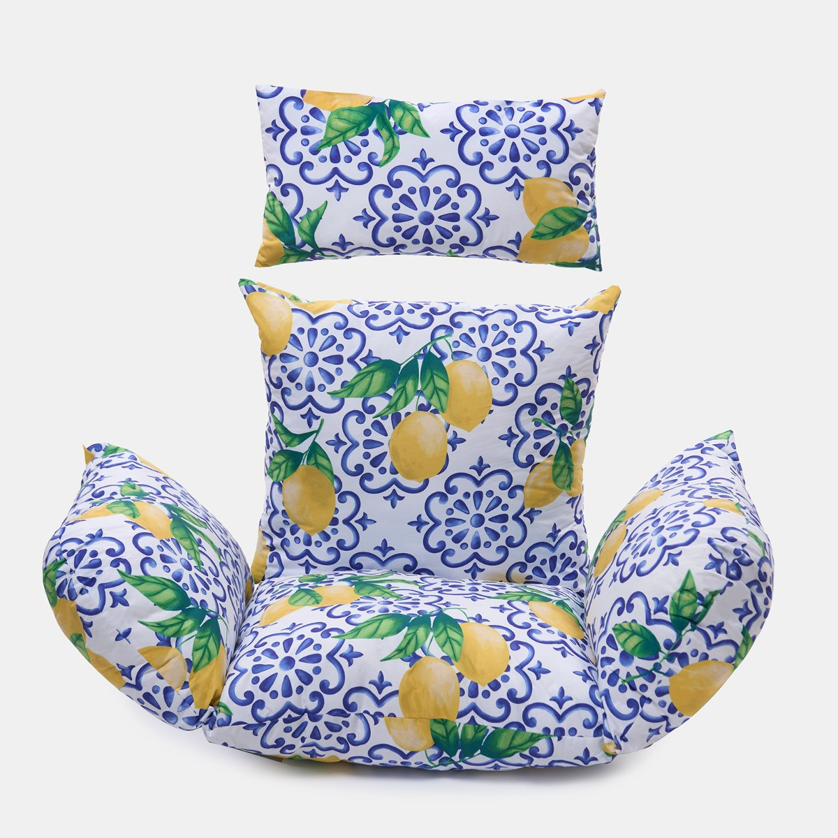 OHS Lemon Print Egg Chair Cushion with Headrest - Blue/Yellow >