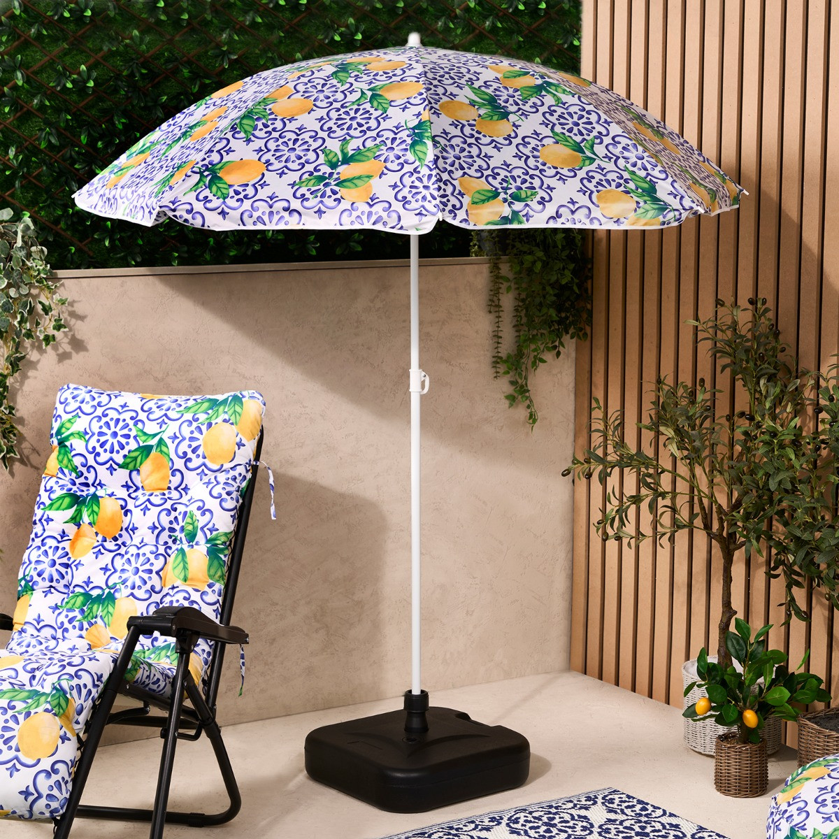 OHS Lemon Print Outdoor Parasol - Blue/White>