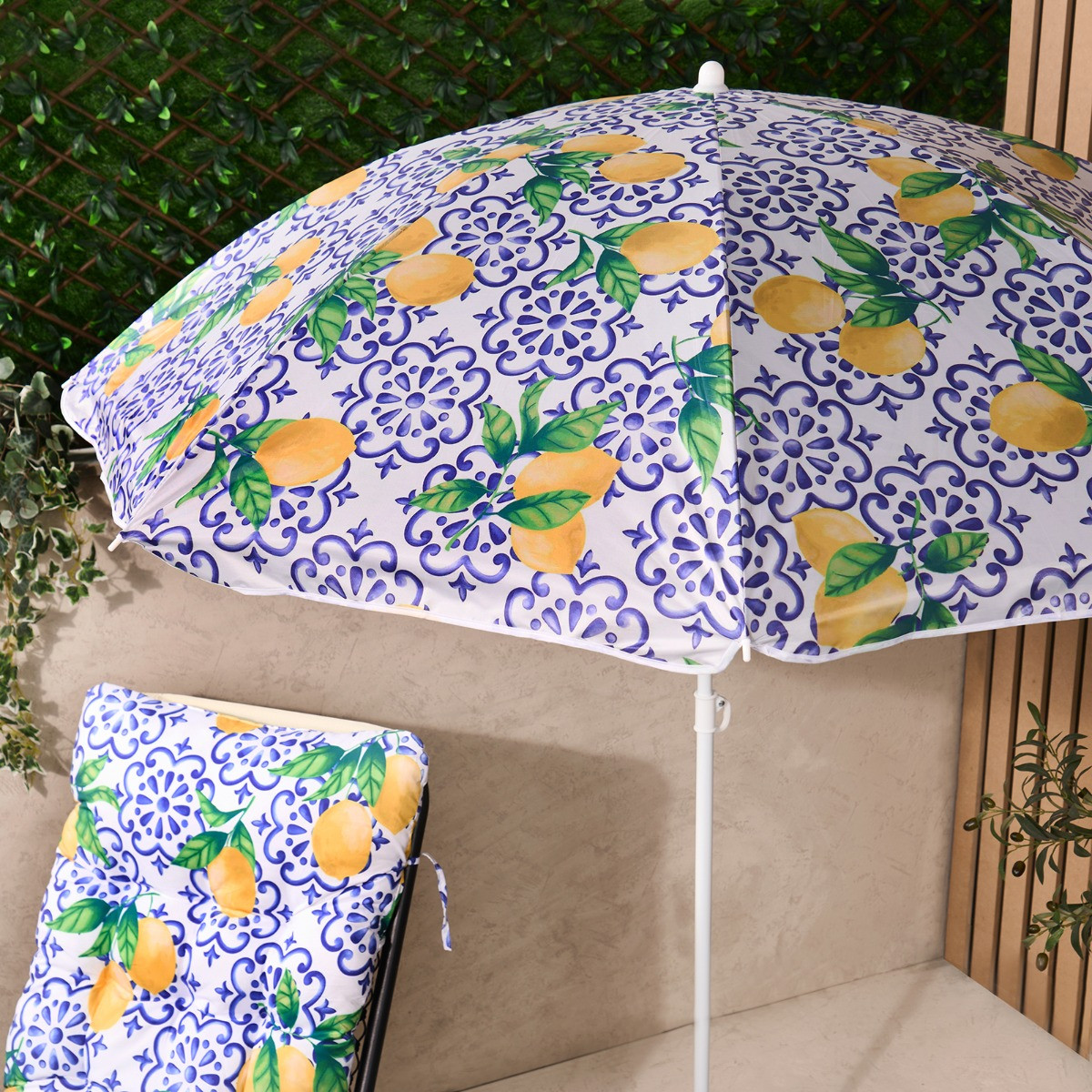 OHS Lemon Print Outdoor Parasol - Blue/White>