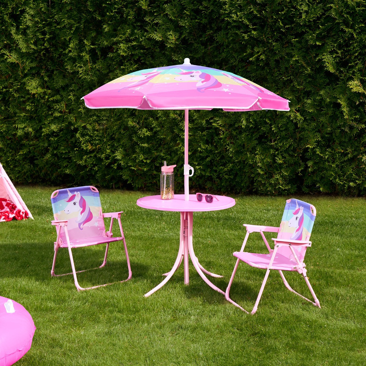 OHS Kids Unicorn Print Bistro Set with Parasol - Pink >