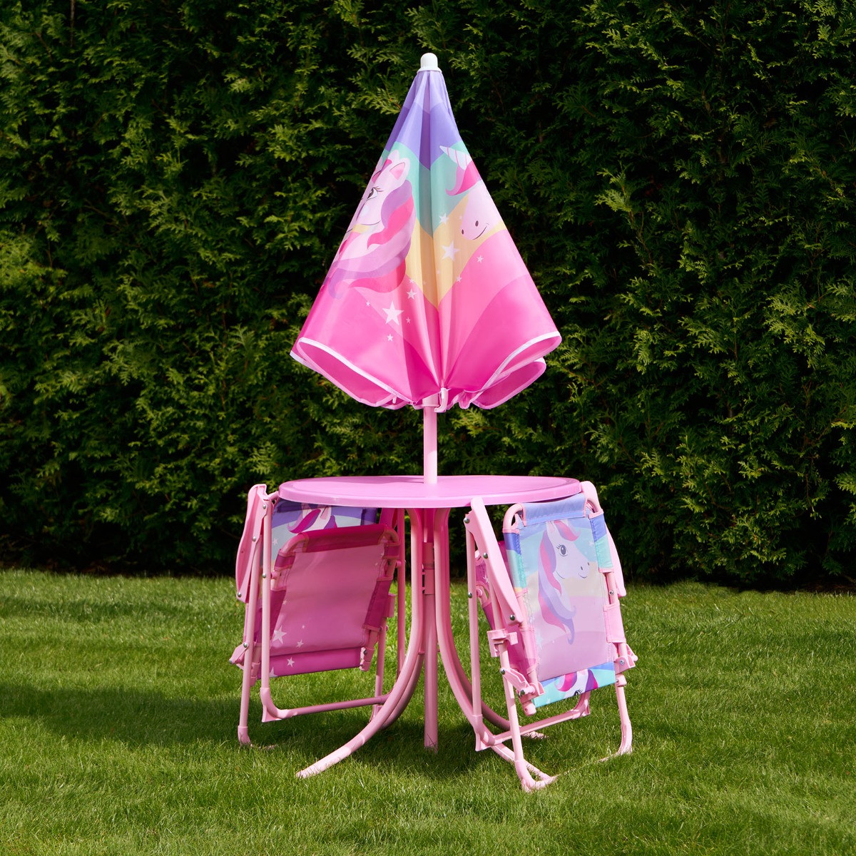 OHS Kids Unicorn Print Bistro Set with Parasol - Pink >