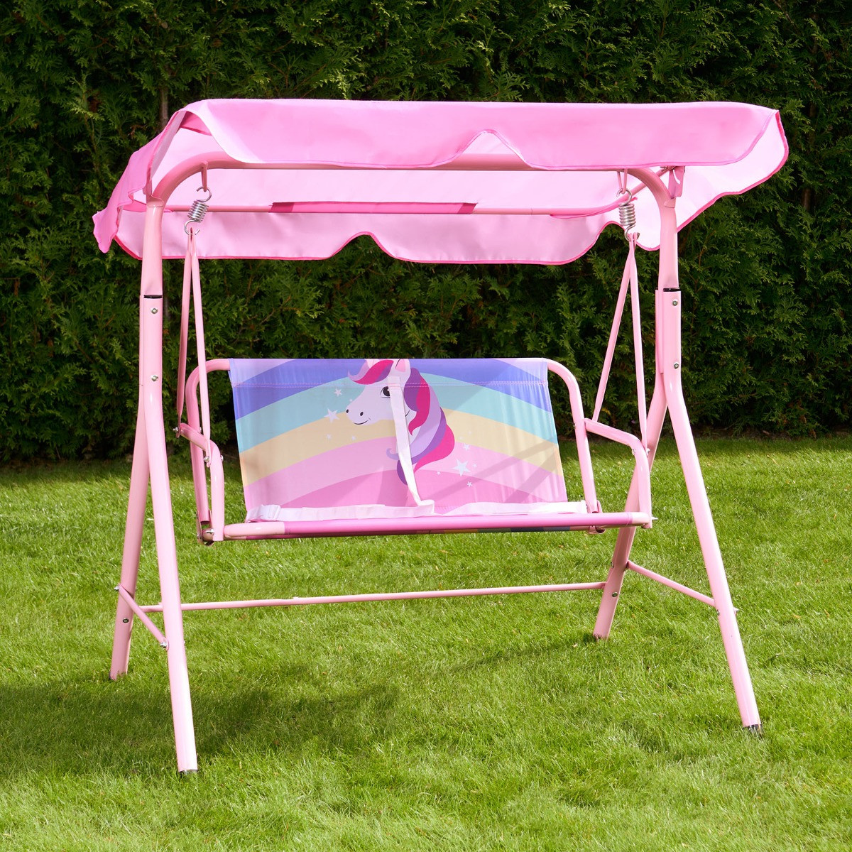 OHS Kids Unicorn Print Swing Bench with Canopy - Pink >