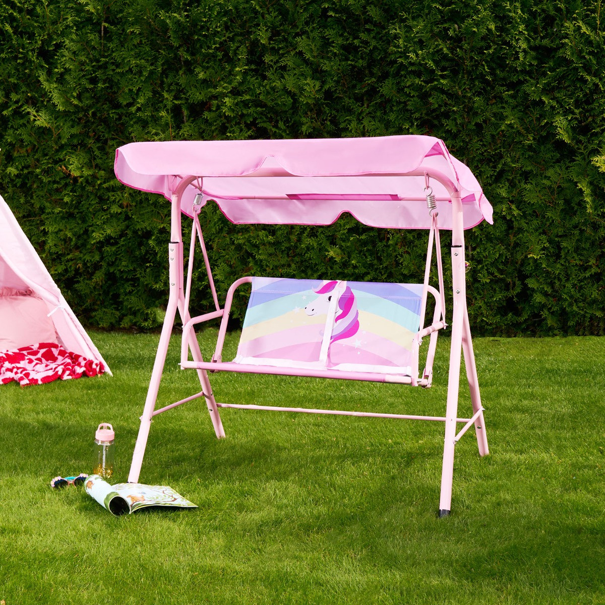 OHS Kids Unicorn Print Swing Bench with Canopy - Pink >