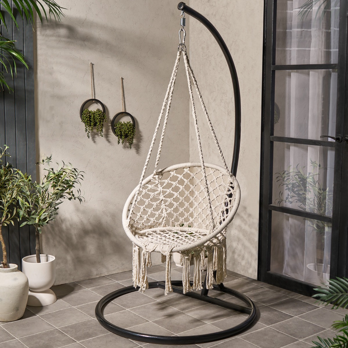 OHS Macrame Knotted Swing Chair - Cream >