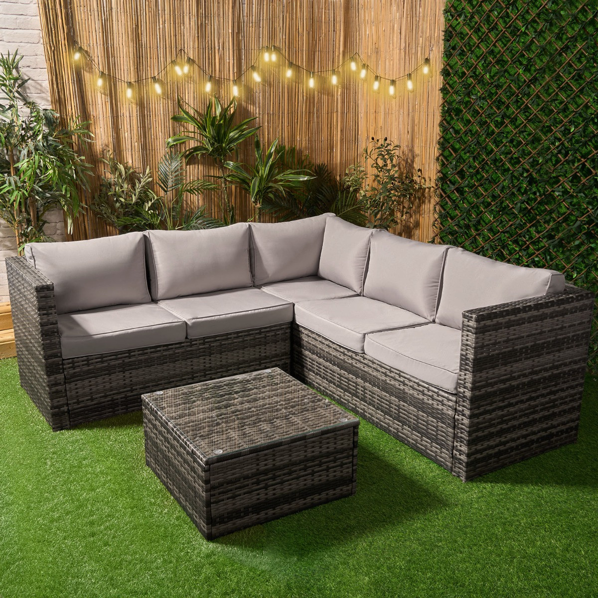 OHS 5 Seater Outdoor Rattan Garden Corner Sofa and Table Set - Grey >