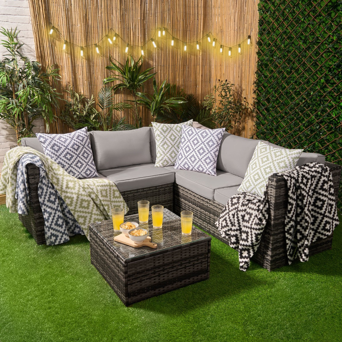 OHS 5 Seater Outdoor Rattan Garden Corner Sofa and Table Set - Grey >