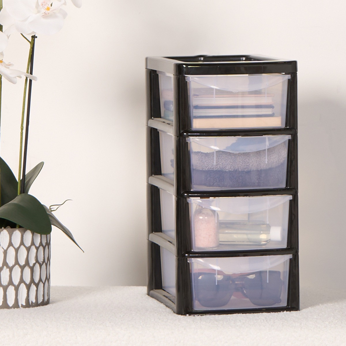 OHS Small 4 Drawer Storage Tower Unit - Black>