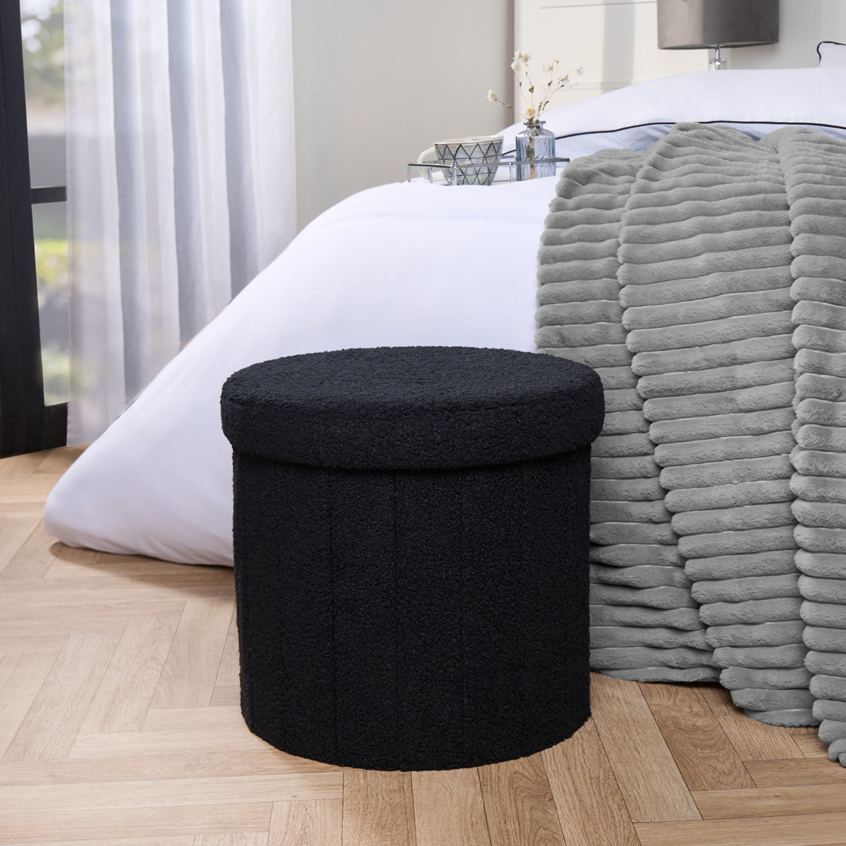 OHS Bouclé Round Storage Ottoman - Black>