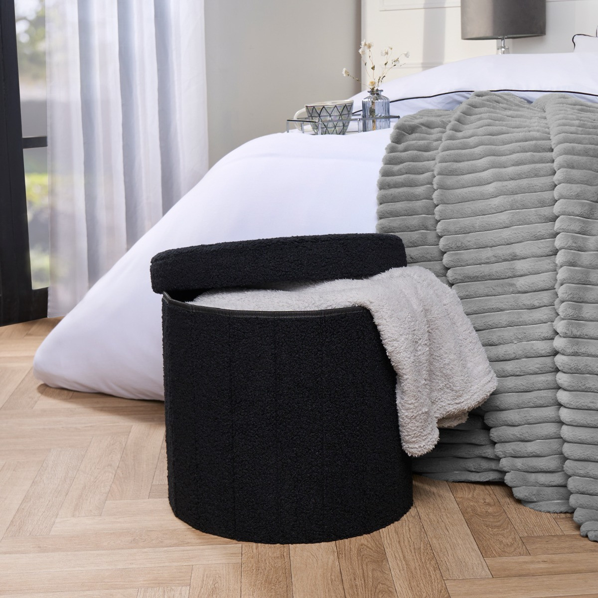 OHS Bouclé Round Storage Ottoman - Black>