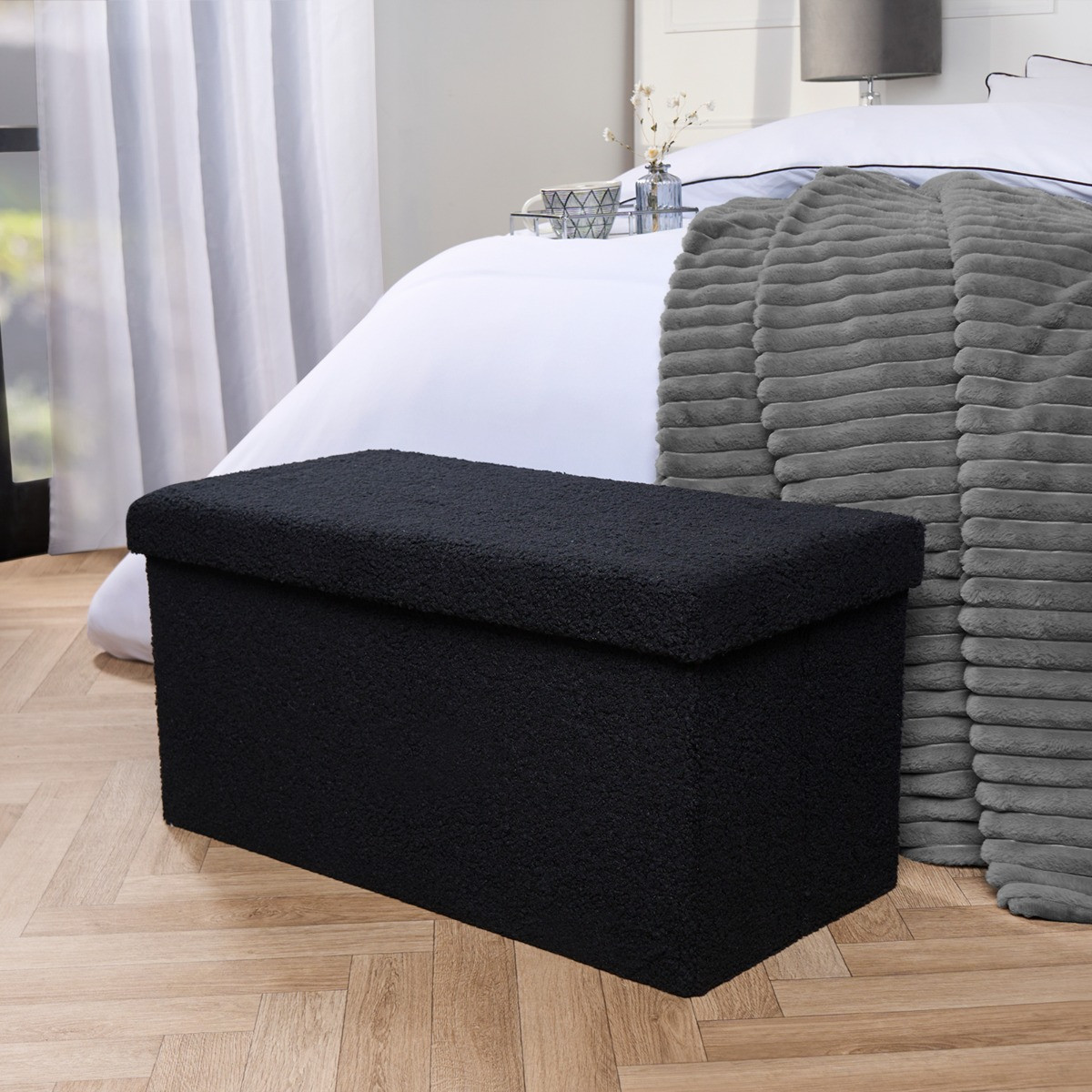 OHS Bouclé Rectangle Storage Ottoman - Black>