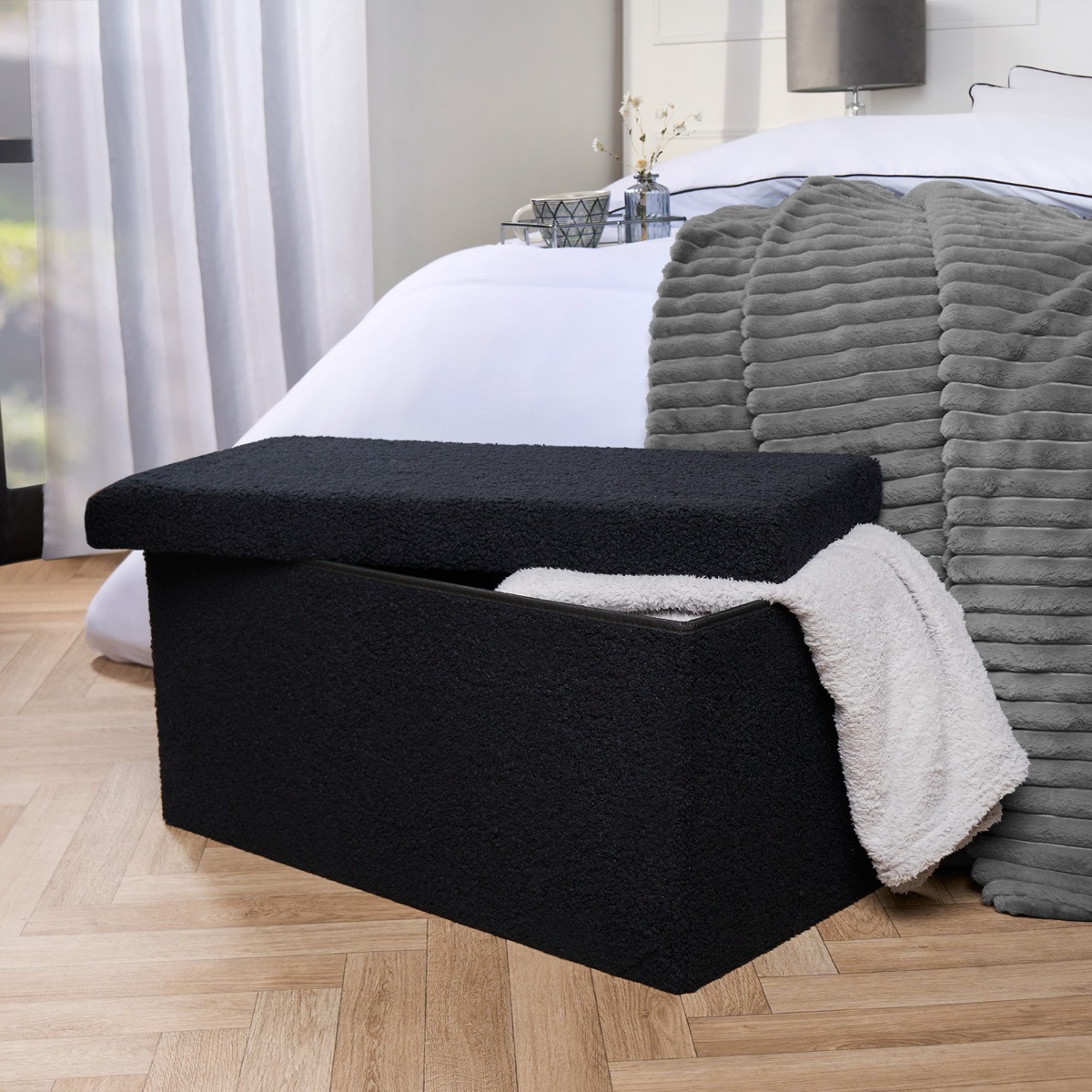 OHS Bouclé Rectangle Storage Ottoman - Black>