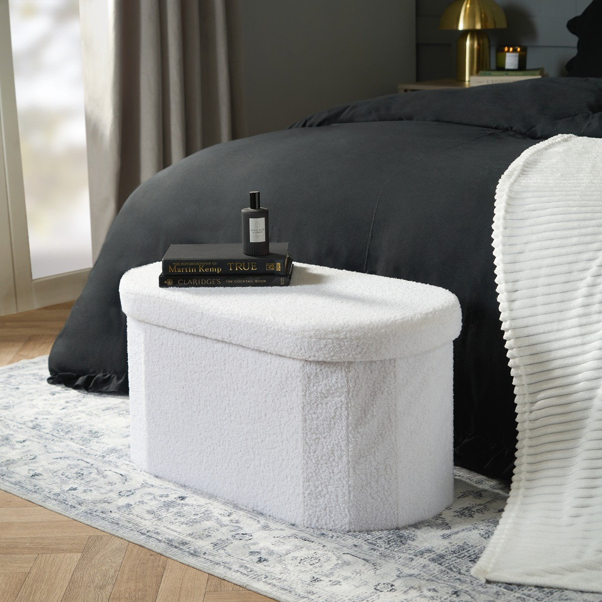 OHS Boucle Lozenge Storage Ottoman - White>