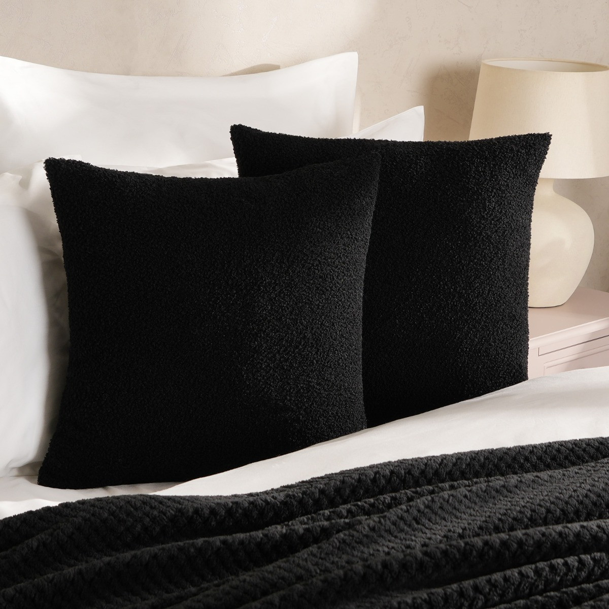 Highams 4 Pack Boucle Cushion Covers - Black>