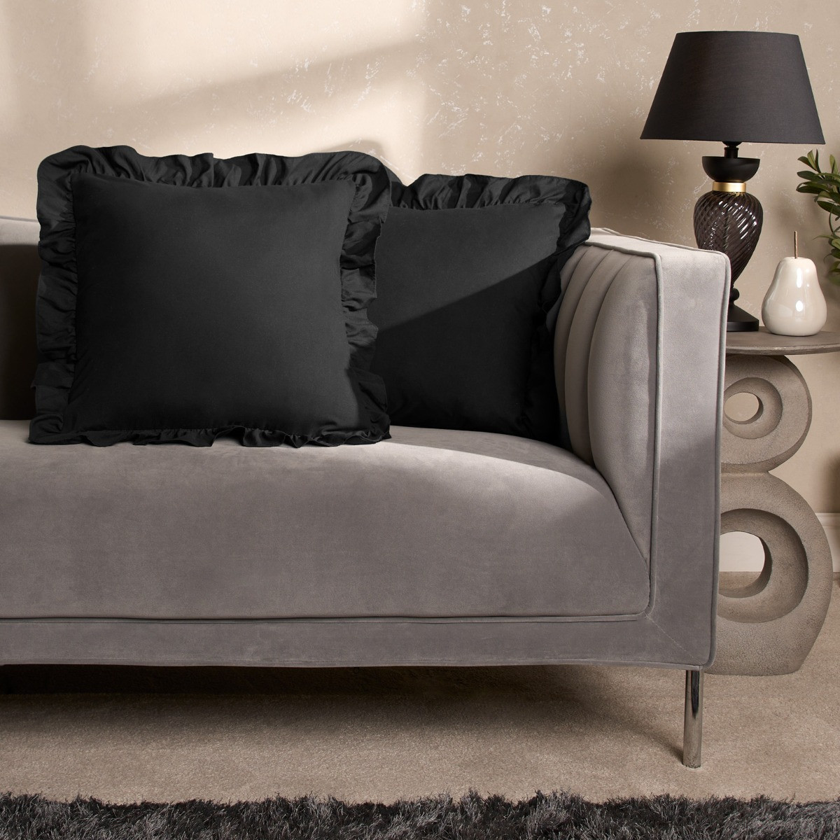 Highams Linen Look Frill Cushion Covers - Black>