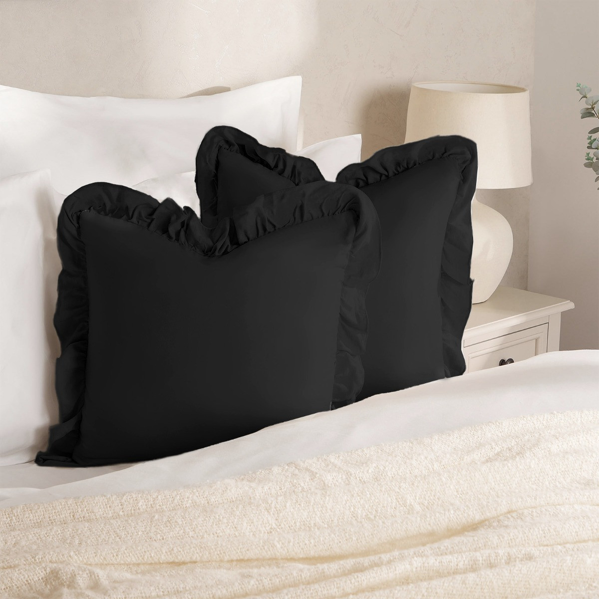 Highams Linen Look Frill Cushion Covers - Black>