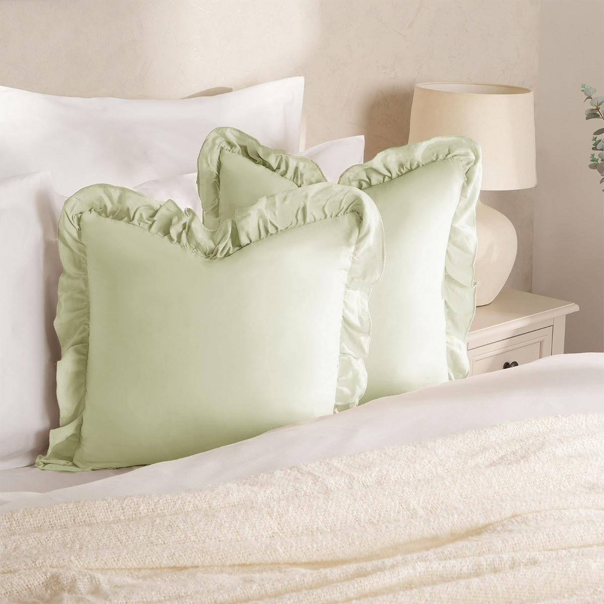 Highams 2 Pack Linen Look Frill Cushion Covers, 45 x 45cm - Sage>