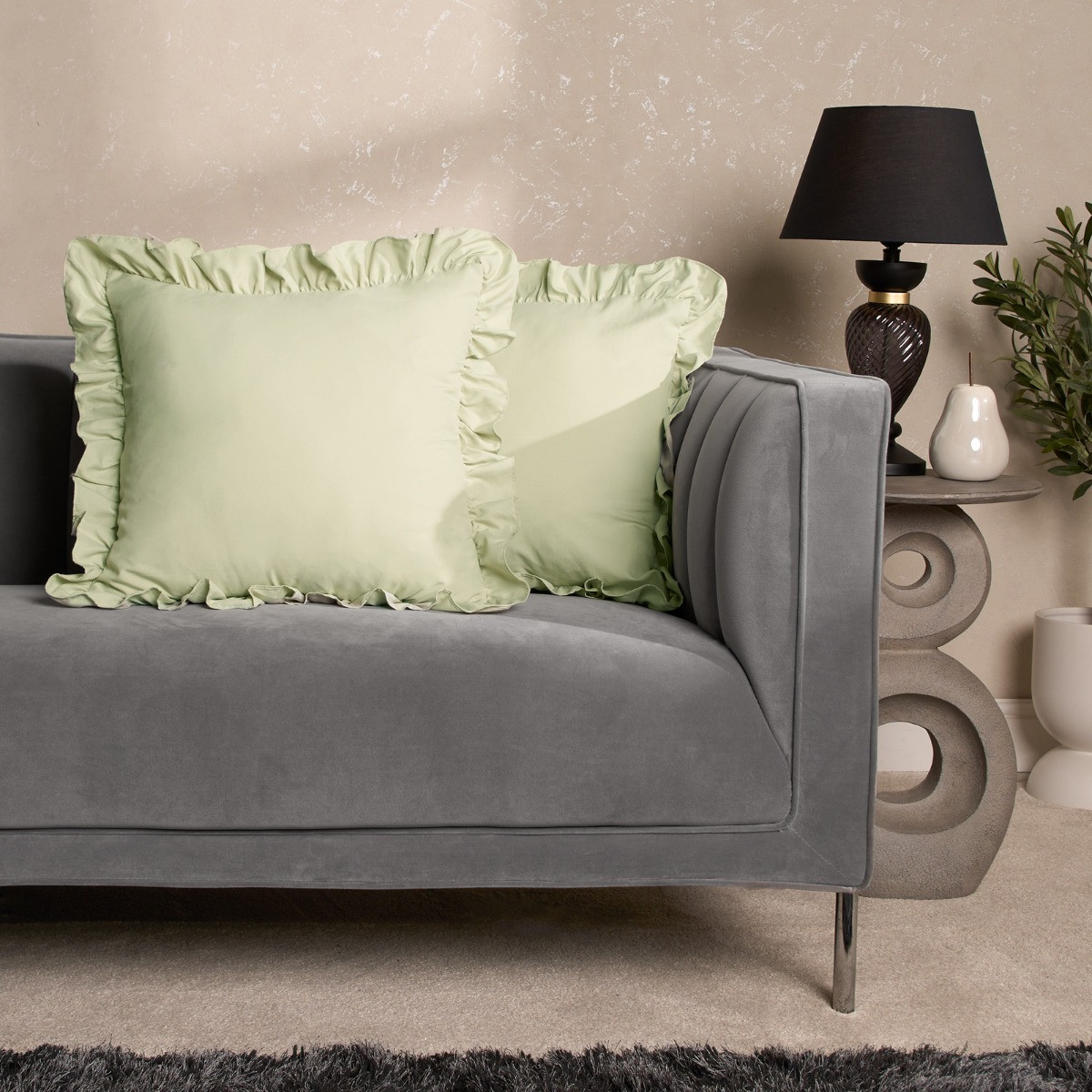 Highams Linen Look Frill Cushion Covers - Sage>