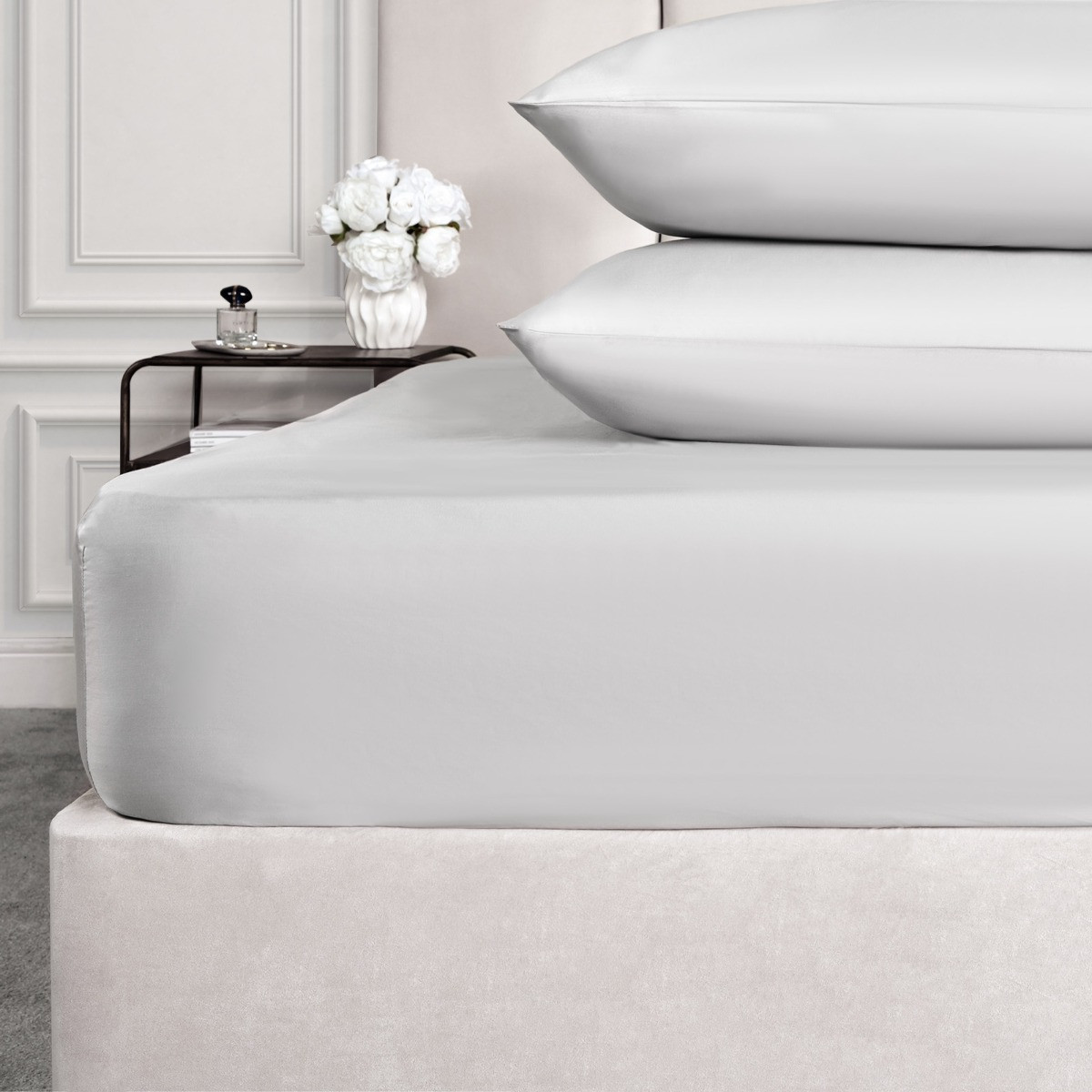 Highams Luxe 400 Thread Count 100% Cotton Sateen Fitted Sheet, Silver - King>