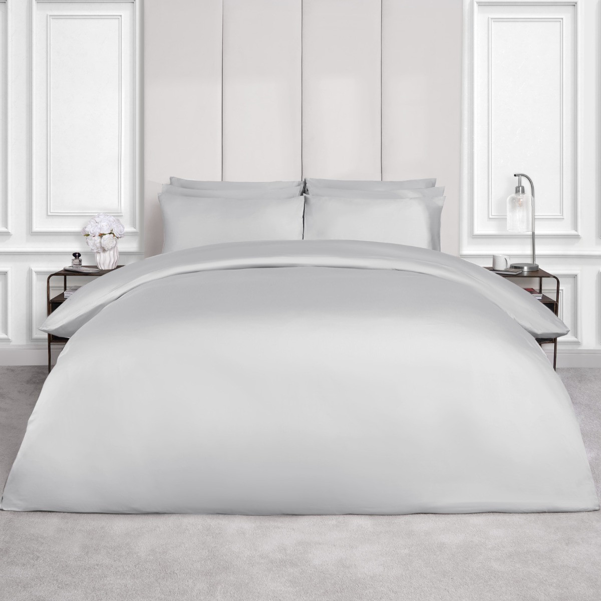 Highams Luxe 220 Thread Count 100% Cotton Sateen Duvet Set, Silver - Single>
